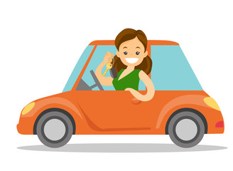 Young cheerful caucasian white woman buying a new car and holding the key to her automobile. Happy client of car center showing key. Vector cartoon illustration isolated on white background.