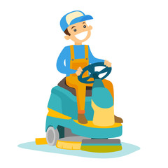 Young cucasian white man cleaning supermarket floor with washing machine. Man operating floor scrubber machine. Cleaning service concept. Vector cartoon illustration isolated on white background.