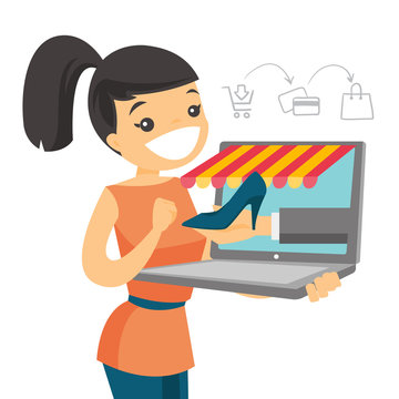 Young caucasian white woman doing online shopping. Happy woman making order of shoe through a laptop in virtual shop. Online shopping concept. Vector cartoon illustration isolated on white background.