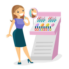 Young caucasian white woman buying lipstick in a beauty store. Woman testing and choosing lipstick at cosmetics shop. Vector cartoon illustration isolated on white background. Square layout.