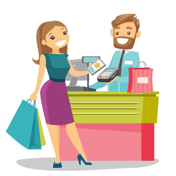 Young caucasian white woman paying wireless with her smartphone. Cashier accepting payment for purchase with a smartphone. Vector cartoon illustration isolated on white background. Square layout.