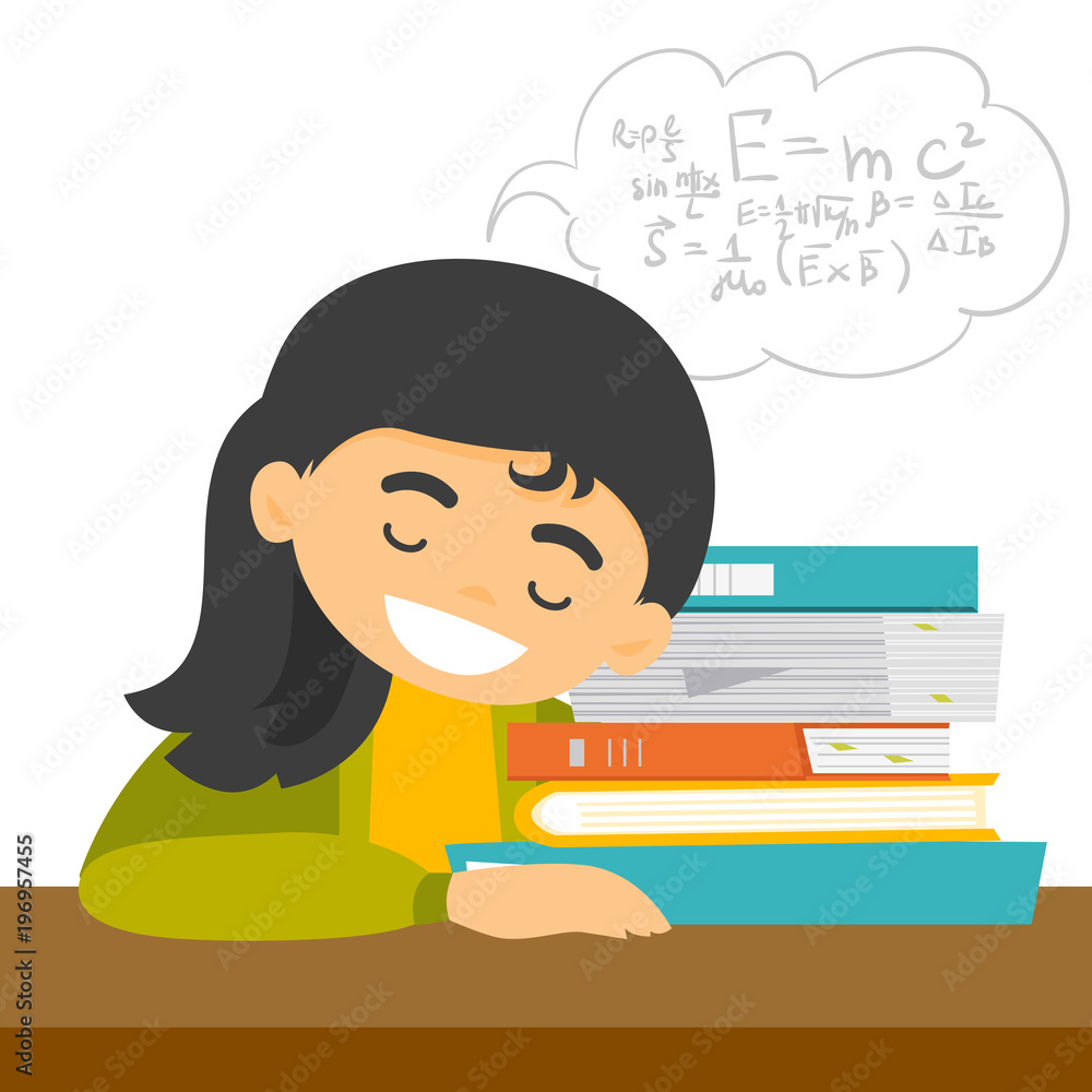 Poster exhausted caucasian white student sleeping on the desk and solving maths exercises while sleep. slee