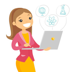 Caucasian white student working on a laptop computer connected with icons of school sciences. Education and elearning concept. Vector cartoon illustration isolated on white background. Square layout.