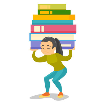 Young caucasian white tired college student carrying a heavy pile of books on back. Female university student walking with huge stack of books. Vector cartoon illustration isolated on white background