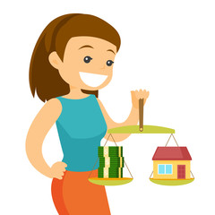 Caucasian white woman holding scales with stack of money and the model of house. Woman choosing between savings and real estate investment. Vector cartoon illustration isolated on white background.