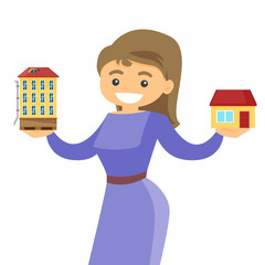 Young caucasian white woman choosing between town apartment and suburban house. Real estate agent holding house and apartment building. Vector cartoon illustration isolated on white background.