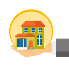 Hands of insurance agent with house model. Miniature house in human hands. Property insurance and security concept. Vector cartoon illustration isolated on white background. Square layout.