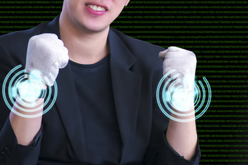 Asian guy wearing suit with icon technology on blurry background.for internet and social networking concept metaphor to business in development  or transport, automotive car electronic hacker image
