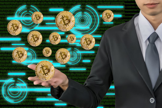 man wearing suit with bit coin technology on blurry background.for internet and social networking concept metaphor to business in development  or transport, automotive car electronic hacker image - Powered by Adobe