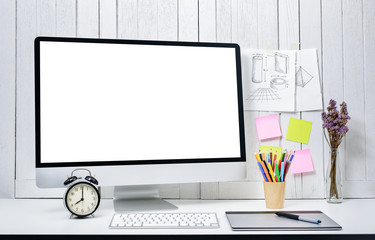 workplace background for designers with Blank white screen modern desktop computer.