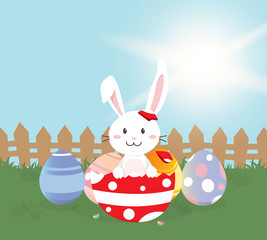 Happy Easter greeting card,Cute Bunny with Colorful Easter eggs in spring field. Vector illustration