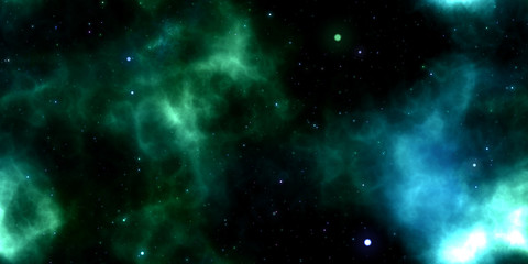 Green Clouds on Night Sky Galaxy Background. Abstract Cosmos Infinity Texture. 3D Rendering. 3D...