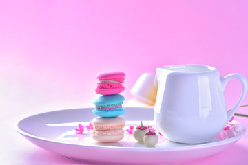 Colorful macarons or macaroons dessert sweet beautiful to eat