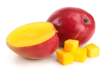 Mango fruit and half isolated on white background close-up