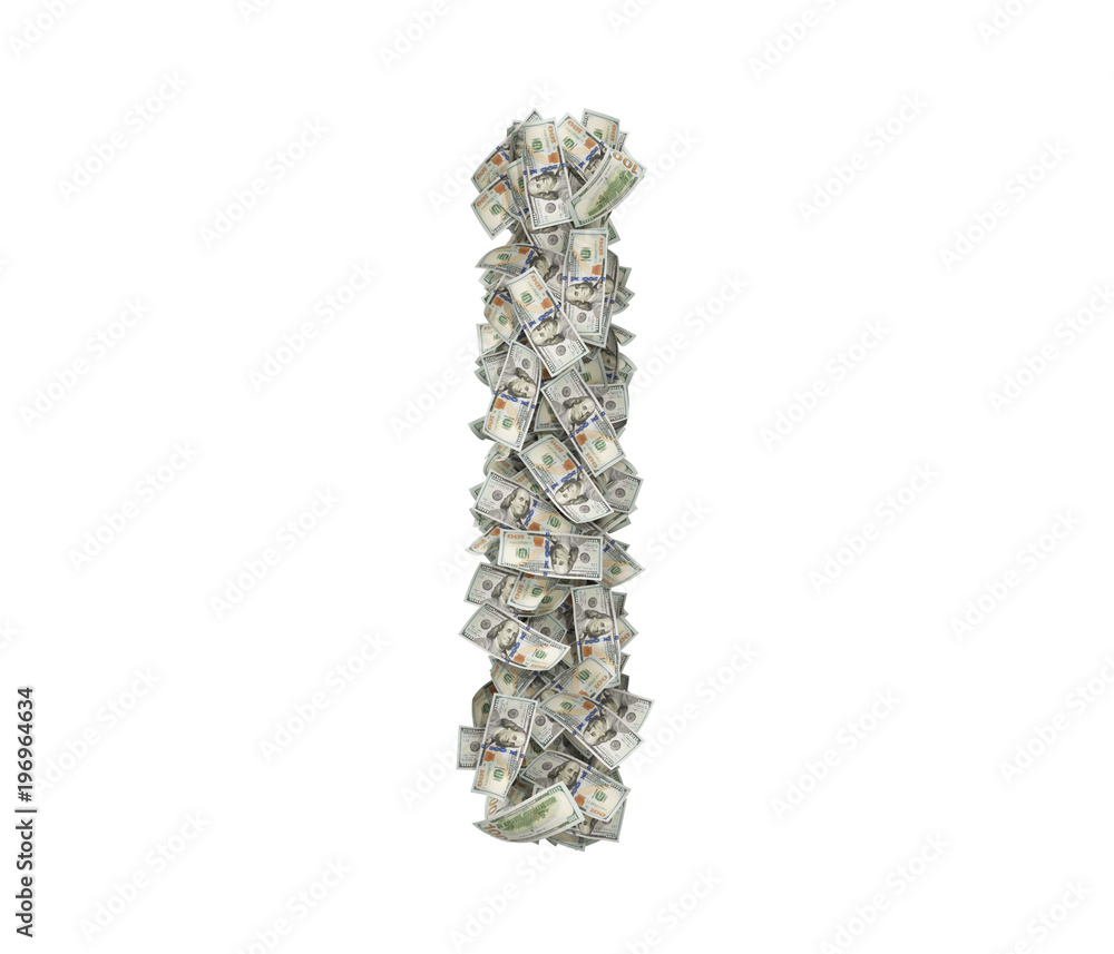 Poster 3d rendering of a large isolated letter i made of dollar banknotes on a white background.