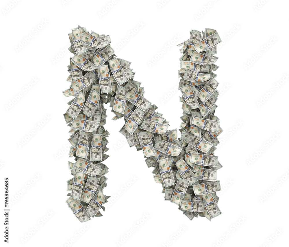 Poster 3d rendering of a large isolated large letter n made of one hundred dollar bills.