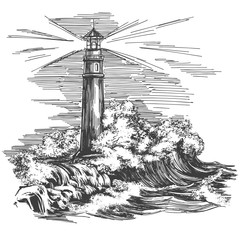 Fototapeta premium latarnia morska w ciemnym i morskim krajobrazie, realistyczny szkic ilustracji wektorowych rysowane ręcznie burza
