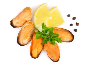 mussel with parsley leaf peppercorns and lemon isolated on white background