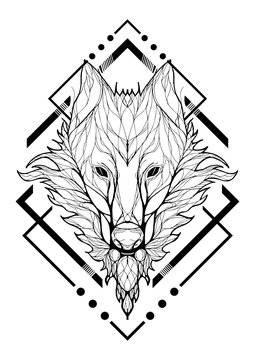 Wolf lined design tribal from branch decorative with basic Aztec graphic frame silhouette tattoo vector with white tattoo vector with white background
