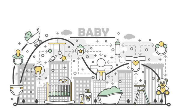 Newborn baby concept vector flat line art illustration