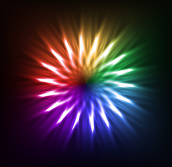 Colorful neon flower on black backdrop. Vector background for your design.