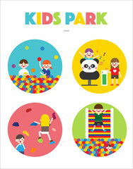 Naklejka premium cute children playing in kids park. vector flat design illustration set 