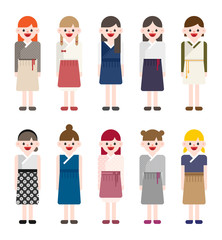 Korean girl characters wearing modern traditional costumes. vector flat design illustration set 