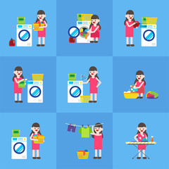laundry process information. vector flat design illustration set 
