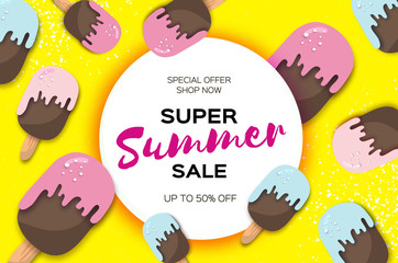 Super Summer Sale with ice-creams in paper cut style. Origami Melting ice cream on yellow. Space for text.Circle frame. Hot Summertime. Holidays.