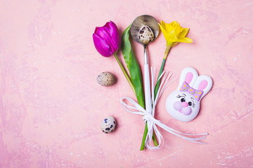 Spring Easter Table setting with flowers and Eggs