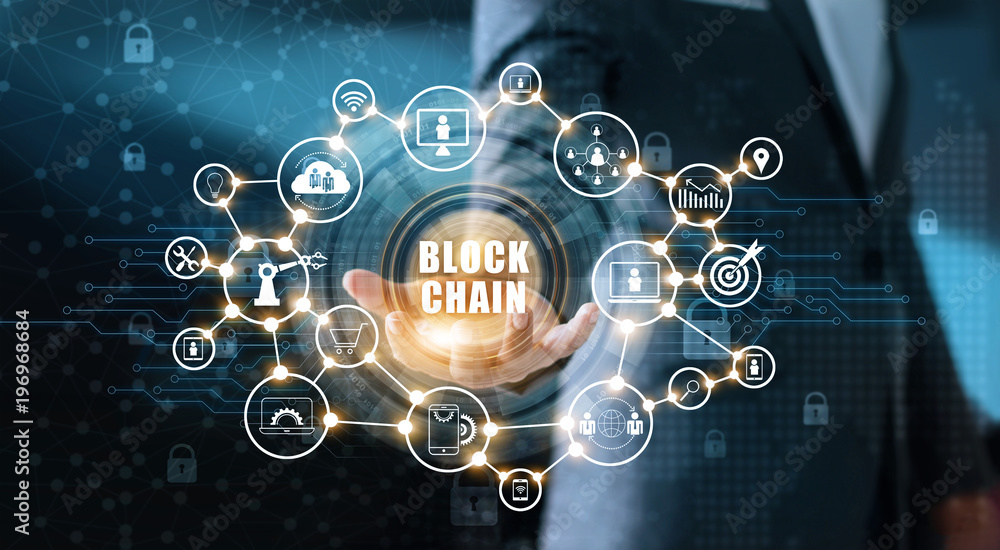 Poster Blockchain technology and network concept. Businessman holding text blockchain in hand with icons network connection on blue security  and digital connection background