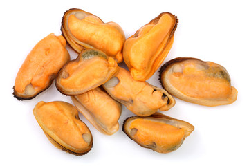 mussels isolated on white background. Top view. Flat lay