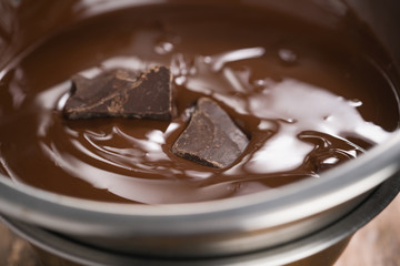 melting dark chocolate in steel bowl