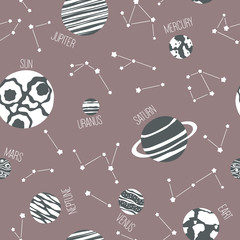 Astronomic seamless pattern with space planets,comets,stars. Childish vector illustration