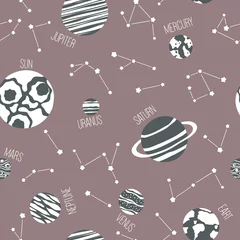  Astronomisch naadloos patroon met ruimteplaneten, kometen, sterren. Kinderachtige vectorillustratie © bukhavets