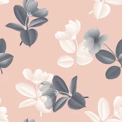 Gordijnen Seamless pattern, vintage black and white cosmos flower with Ficus Elastica leaves on pink background © momosama