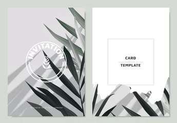 Behangcirkel Invitation card template design, tropical green palm leaves with shadow © momosama