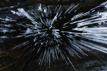 Sharp and dangerous icicles in winter ice cave