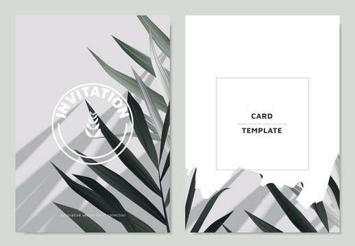 Invitation card template design, tropical green palm leaves with shadow
