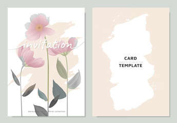 Invitation card template design, pink cosmos flowers with leaves