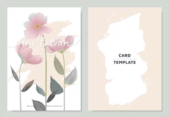 Gordijnen Invitation card template design, pink cosmos flowers with leaves © momosama