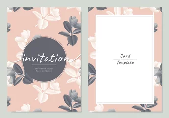 Wandaufkleber Invitation card template design, vintage black and white cosmos flower with Ficus Elastica leaves on pink background © momosama