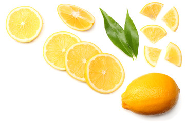 healthy food. sliced lemon with green leaf isolated on white background top view