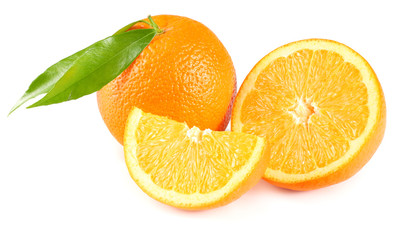 healthy food. orange with green leaf isolated on white background