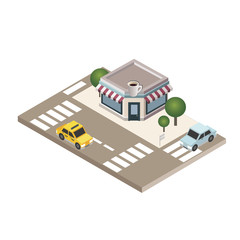 Isometric cozy cafe. Restaurant building with parking lot, cars and street in city. City life. Vector illustration