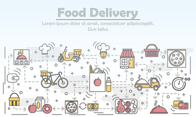 Naklejka premium Food delivery advertising vector flat line art illustration