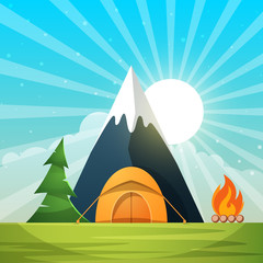 Cartoon paper landscape. Tree, mountain, fire, tent, moon cloud star illustration Vector eps 10