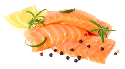 Red fish. Raw salmon fillet with rosemary isolate on white background