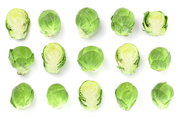 Brussels sprouts isolated on white background closeup. Top view. Flat lay. Set or collection