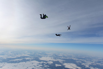 Skydivers are in the winter sky.